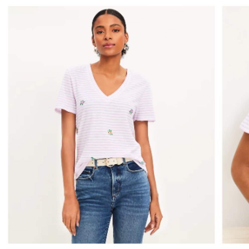 NEW Loft Floral Stripe Everyday V-Neck Tee Color: Lavender